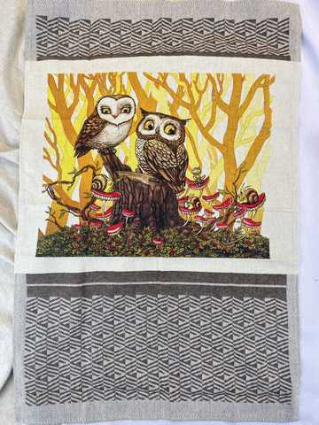 Set of Linen Kitchen Towels With Owl Prints, Forest Birds Tea Towels,  Printed Cabin Kitchen Towel 