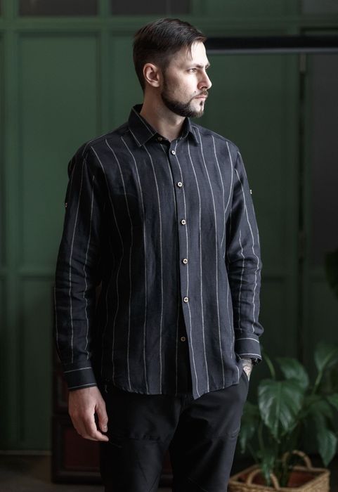 Lincoln linen shirt dark blue stripped 46