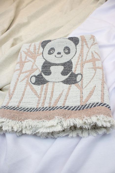 Linen bath towel Panda brown and gray 105x60