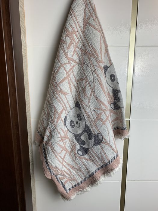 Linen bath towel Panda brown and gray 105x60